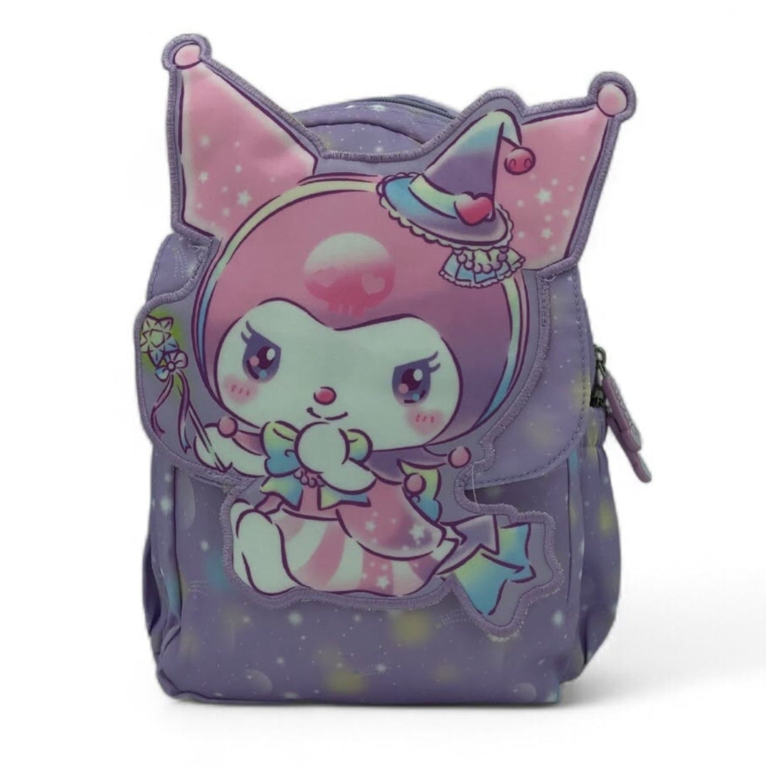 Purple kids backpack with Kuromi witch face graphic, cat-ears hood, front pocket